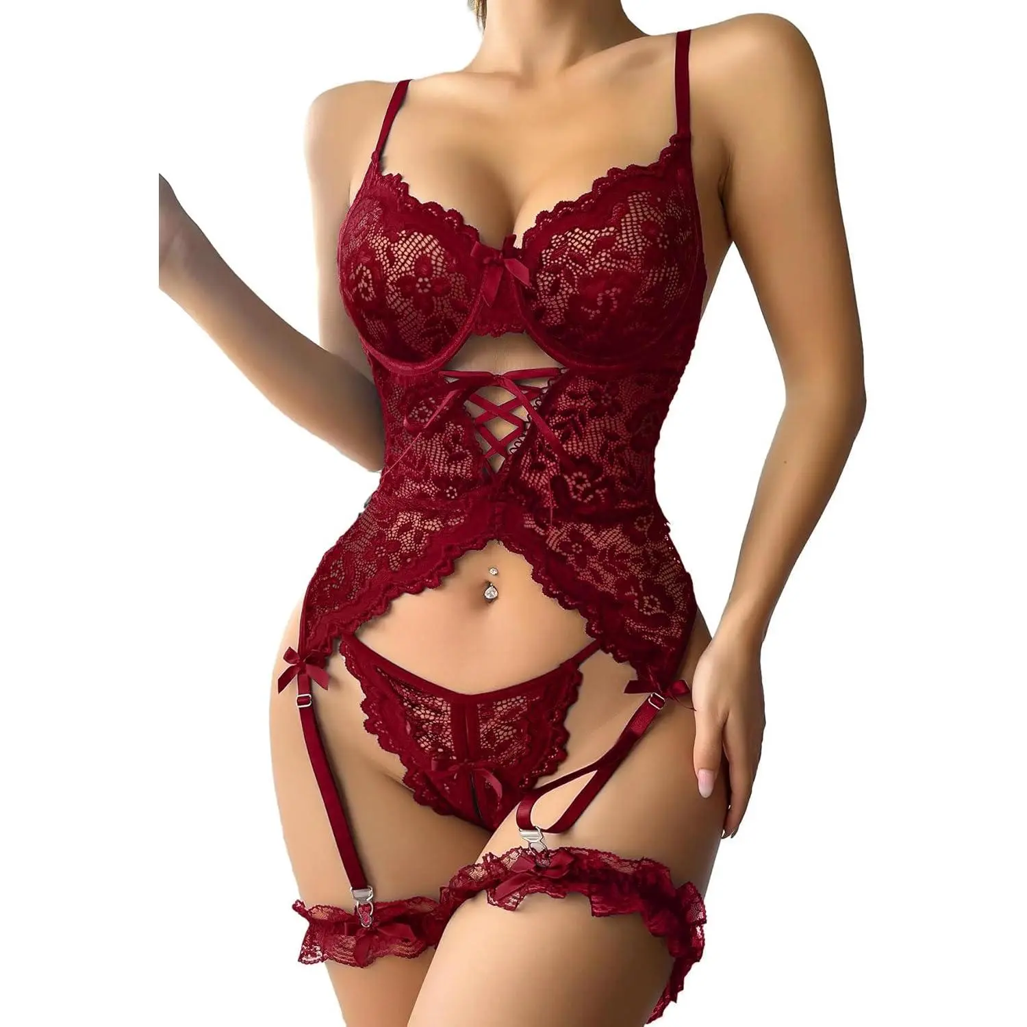 Sexy Criss Cross Corset Underwire Floral Lace Sheer Garter Belt Lingerie Set 2 Piece