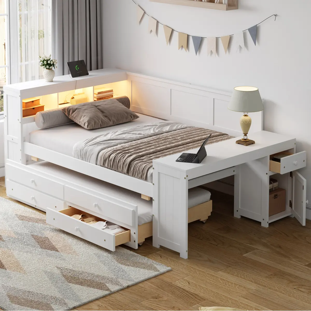 [Bellemave] Full Size Daybed with Trundle & Desk |   Captain’s Bed with LED Lights, Storage Drawers & Charging Station |   Multi-Functional Wood Platform Bed