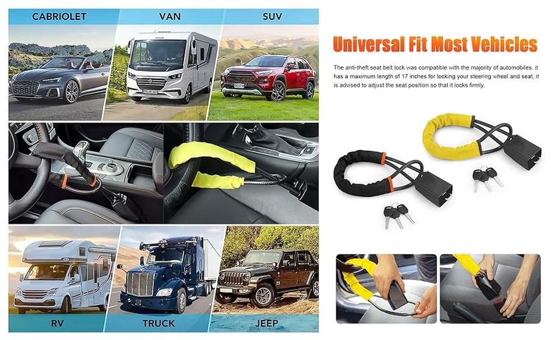 DualGuard Car Steering Wheel & Seat Belt Lock - 17" Universal Anti-Theft Device for Vehicles, SUVs, Golf Carts | Compact & Lightweight Security Lock with Multi-Function Keys (Black)cars accessories