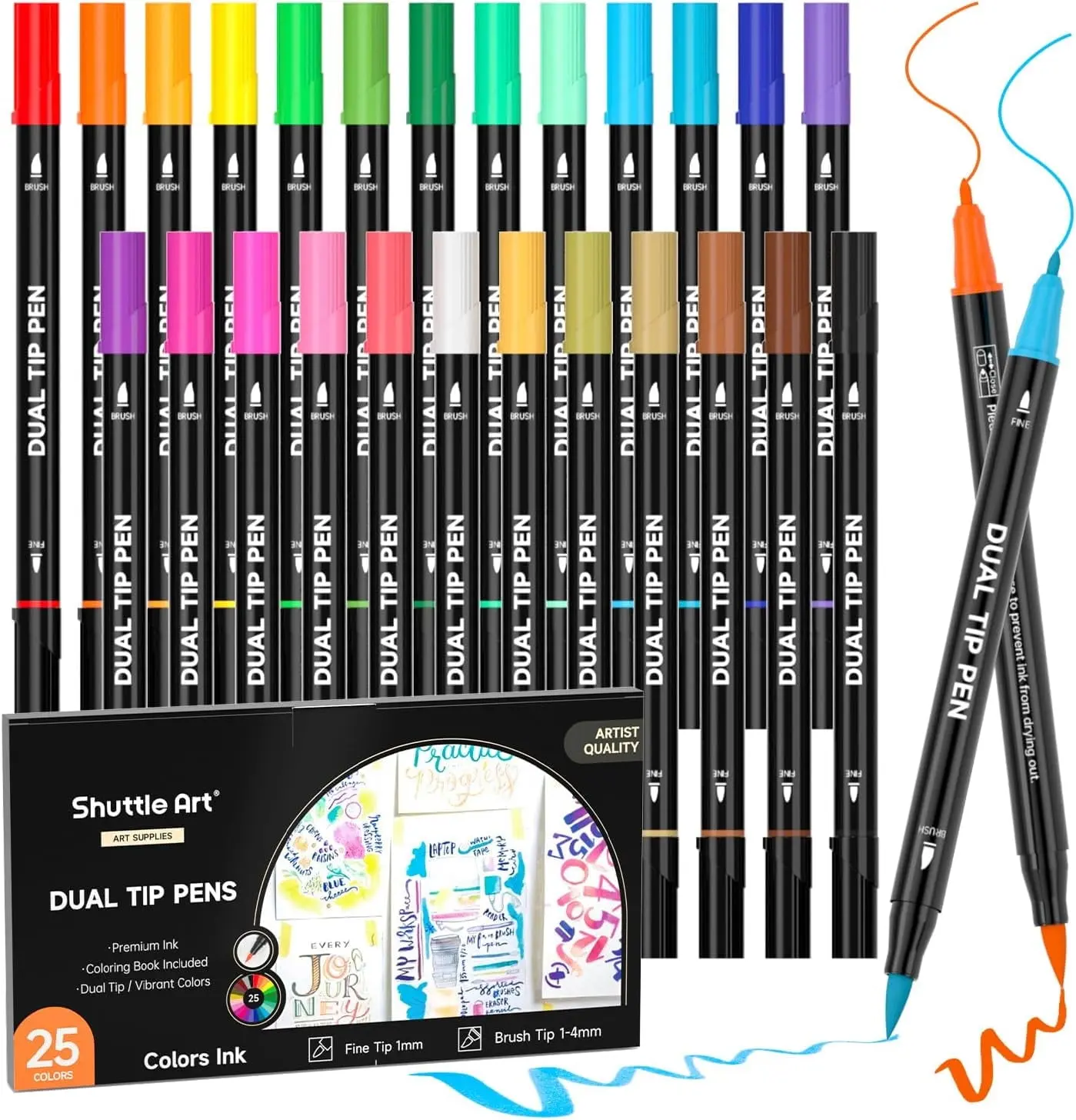 Dual Tip Brush Marker Pens, Shuttle Art 25 Colors Water-based Ink, Fine and Brush Tip Marker Set with 1 Coloring Book for Adult Artist Calligraphy Hand Lettering Journal Doodling Writing