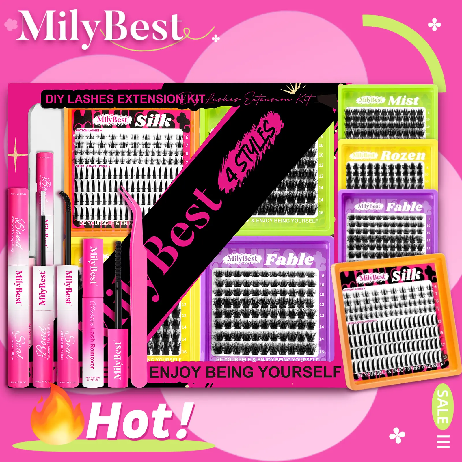 MilyBest 4-Style Mini Boxes DIY Lash Extension Kit - Eyelash Clusters, Mixed Length Individual Sets, Self-Grafting False Lashes with Tweezers, Glue & Remover, Women's Professional Makeup Products Set,back to school