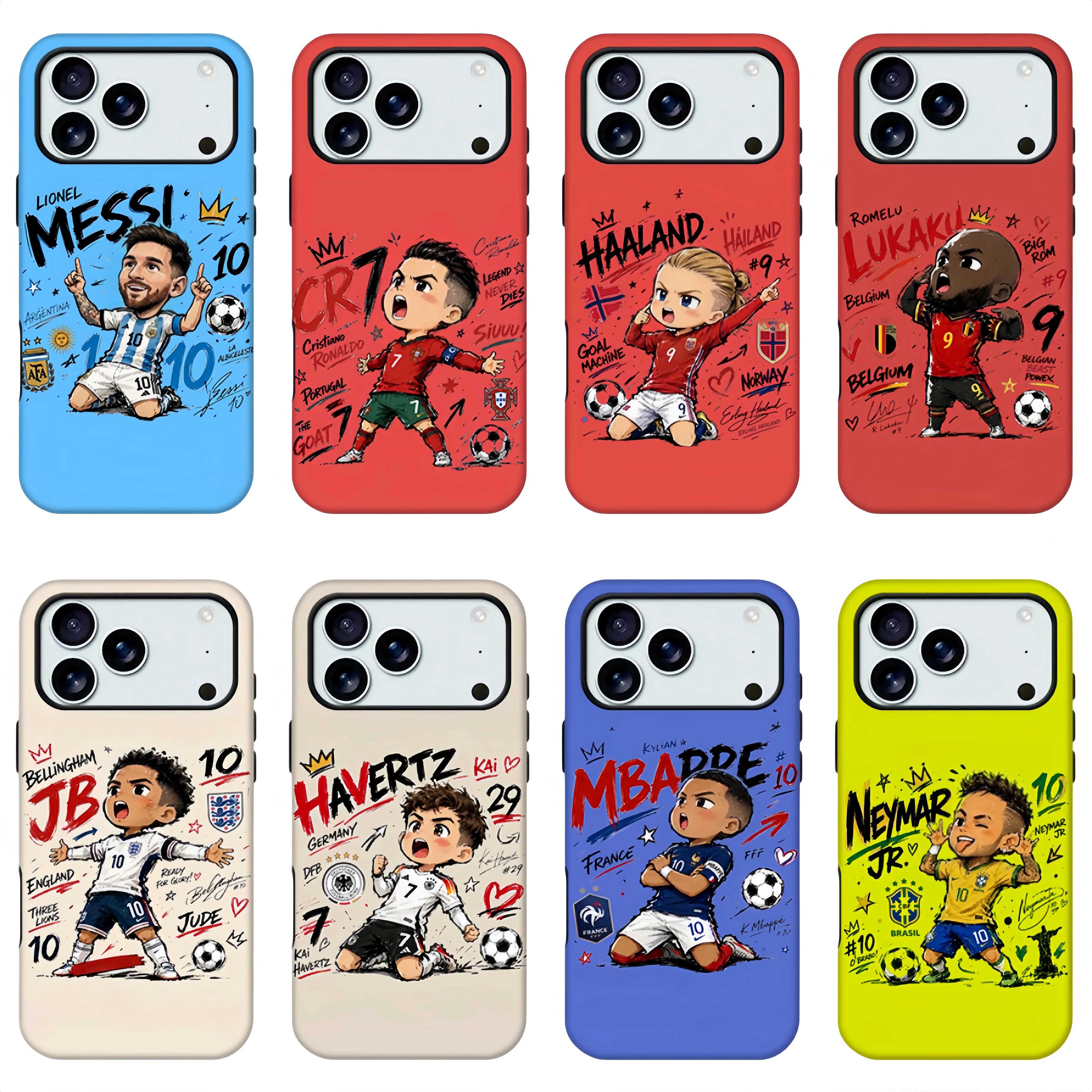 Anime Q-Version Football Star Protective Phone Case - Graffiti National Team Soccer Athlete Cover, Anti-Drop, Scratch Resistant, Bright Saturated Full-Wrap HD Print, Wireless-Friendly Girls' Accessories for iPhone 11-17 Pro Max, Samsung S21-S26, Cartoon