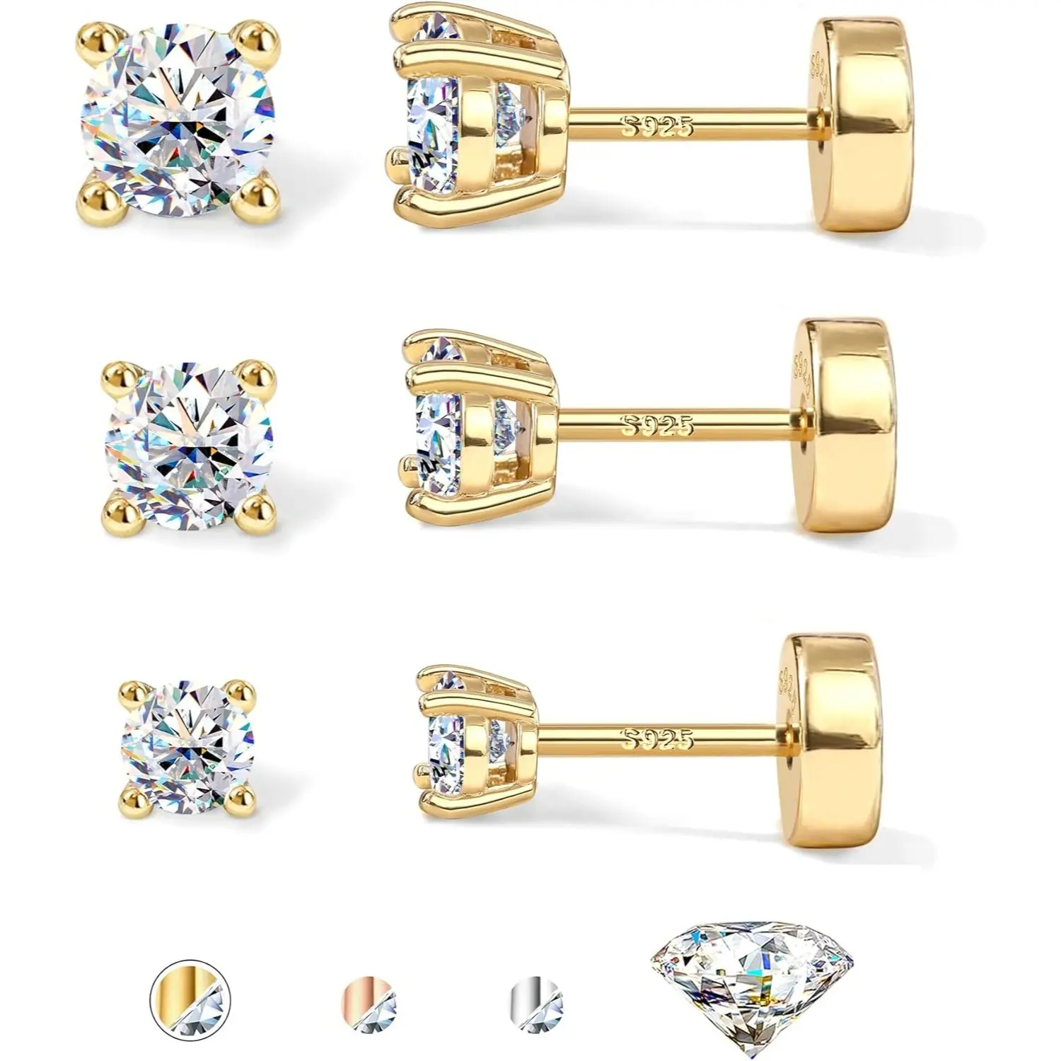 GEMQUEEN Moissanite Flat Back Earrings Stud Set 3 Pairs 14K Gold Plated Sterling Silver Post Hypoallergenic Cartilage Helix Tragus Conch Comfy Sleep Earrings D Color VVS1 DealsForYouDays