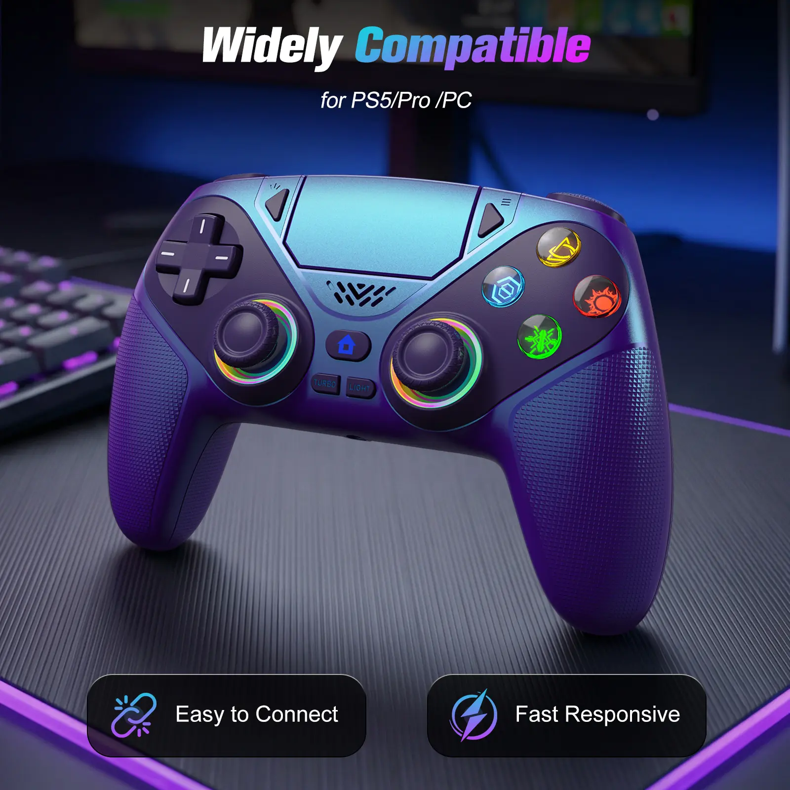 Wireless Pro Gaming Gamepad Joystick for PS5, RGB LED Light PS5 Accessory with Turbo, Macro Programmable Buttons, Dual Vibration, Motion Sensing, 1000mAh Fast Charging, Anti-Drift Calibration Guide, Charging Cable & Protective Shell