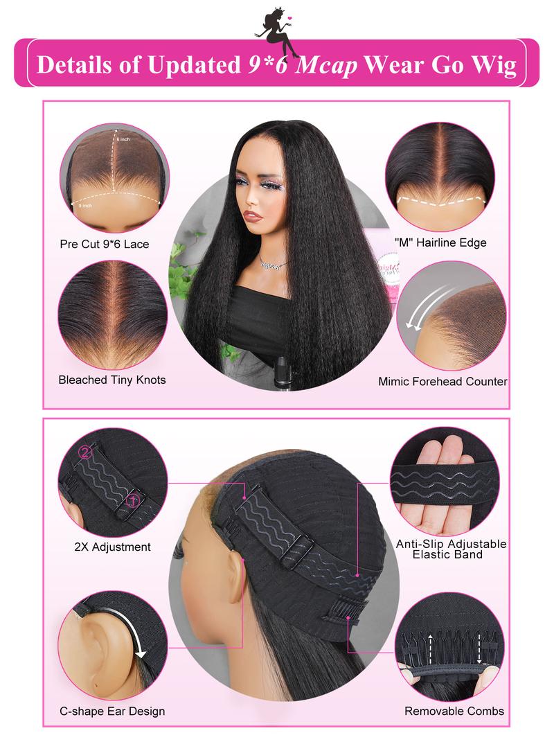 BGMgirl M-cap 9x6 Kinky Straight/ Yaki Straight Wear Go 180% Density Pre-Bleached HD Lace Glueless Wig Pre Plucked Hairline Human Hair