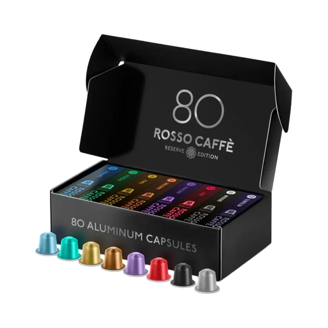 Rosso Caffè Reserve Edition 80 Aluminum Capsules Variety Pack - 8 Rare Blends for Nespresso Machines - Healthcare & Magnesium Vitamins