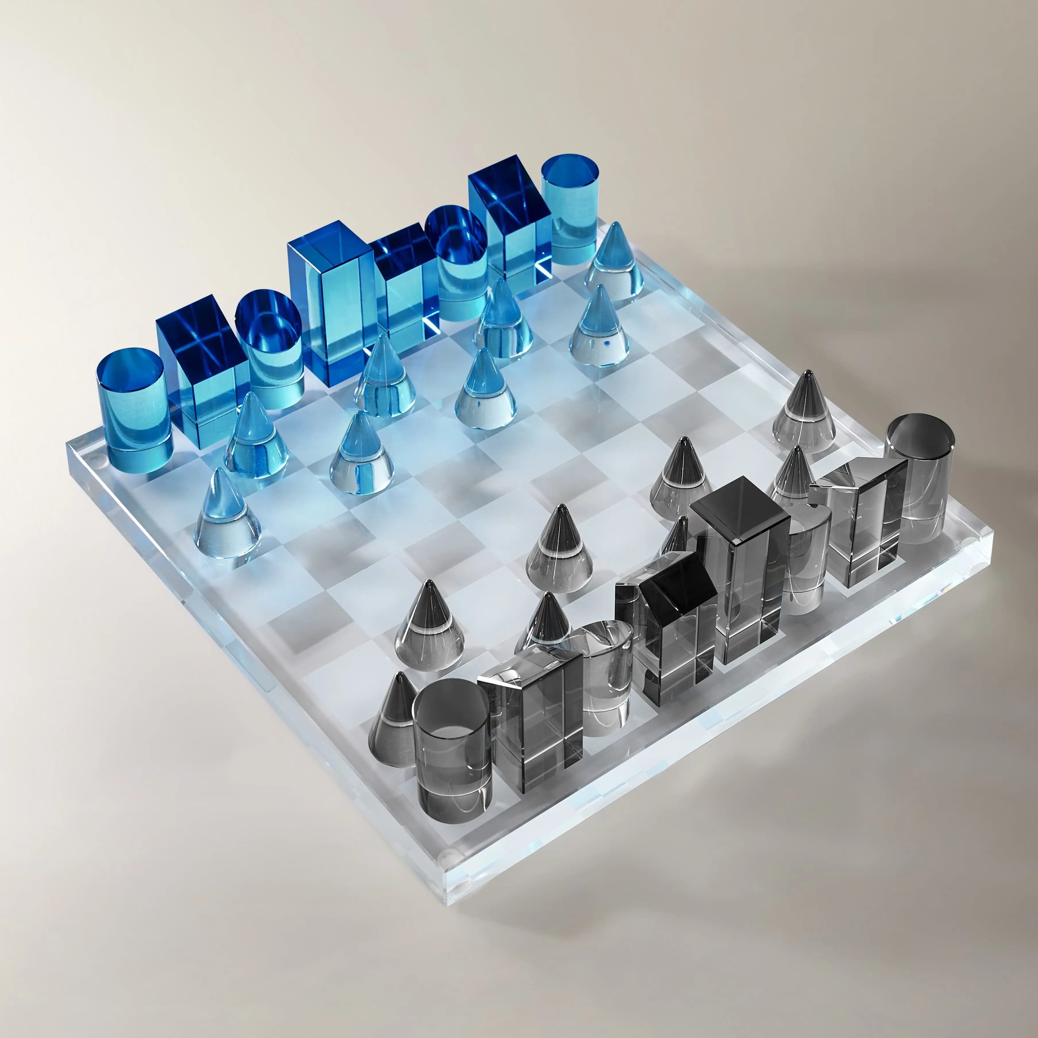 Z Gallerie Crystal Glass Chess Set, Modern Decorative Tabletop Game with Sculptural Geometric Blue and Grey Pieces Checkers Board Game Strategy Board Games