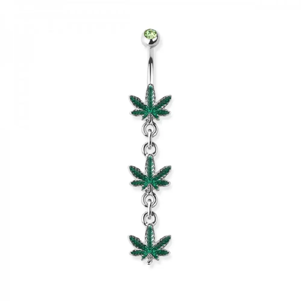 Triple Marijuana Leaves Dangling Belly Button Ring - 316L Stainless Steel