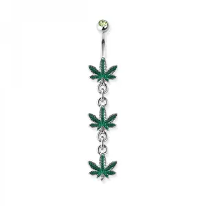 Triple Marijuana Leaves Dangling Belly Button Ring - 316L Stainless Steel