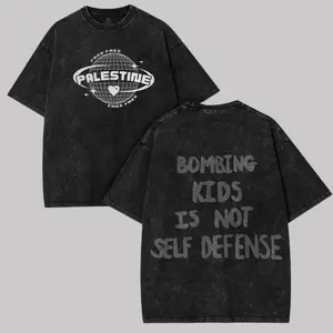 Menswear Free Palestine Oversized Washed Cotton Apparel, Short-Sleeve Seamless Protest Tee - Double-Printed Streetwear with Solidarity Quote Graphic, Bold Political Statement