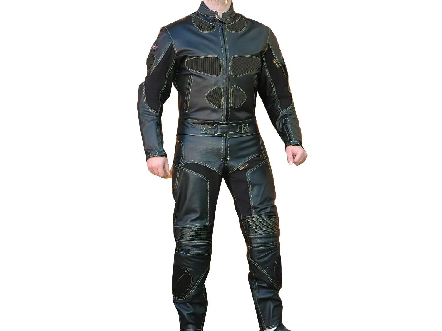 Motorcycle Racing Suit - 2-Piece Top-Grain Cowhide Leather with Removable CE Approved Armor, 3M Scotchlight Reflectors, Pre-Curves, 50 Size, High Abrasion Resistance, Leather Stretch H Panels, Memory Foam Chest Padding, Nylon & Dual Stitched Main Seams, F