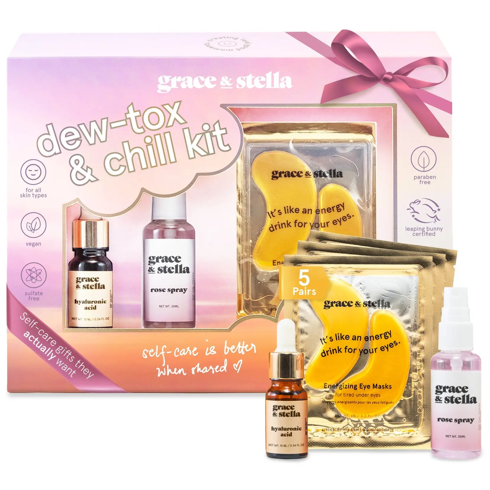 Dew-Tox and Chill Gift Set - Hydrating Skincare & Self Care Routine Bundle with Under Eye Masks, Foaming Face Wash & Hyaluronic Acid Serum | Glow Skincare Essentials for Radiant Healthy Skin by grace & stella
