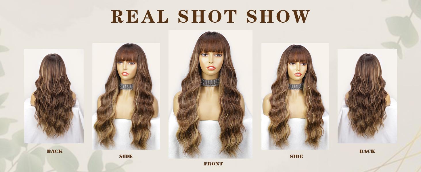 AISI HAIR Wig with Bangs Long Wavy Wig with Dark Roots Ombre Natural Curly Synthetic Resistant Fiber wigs for beginners Daily Party Use