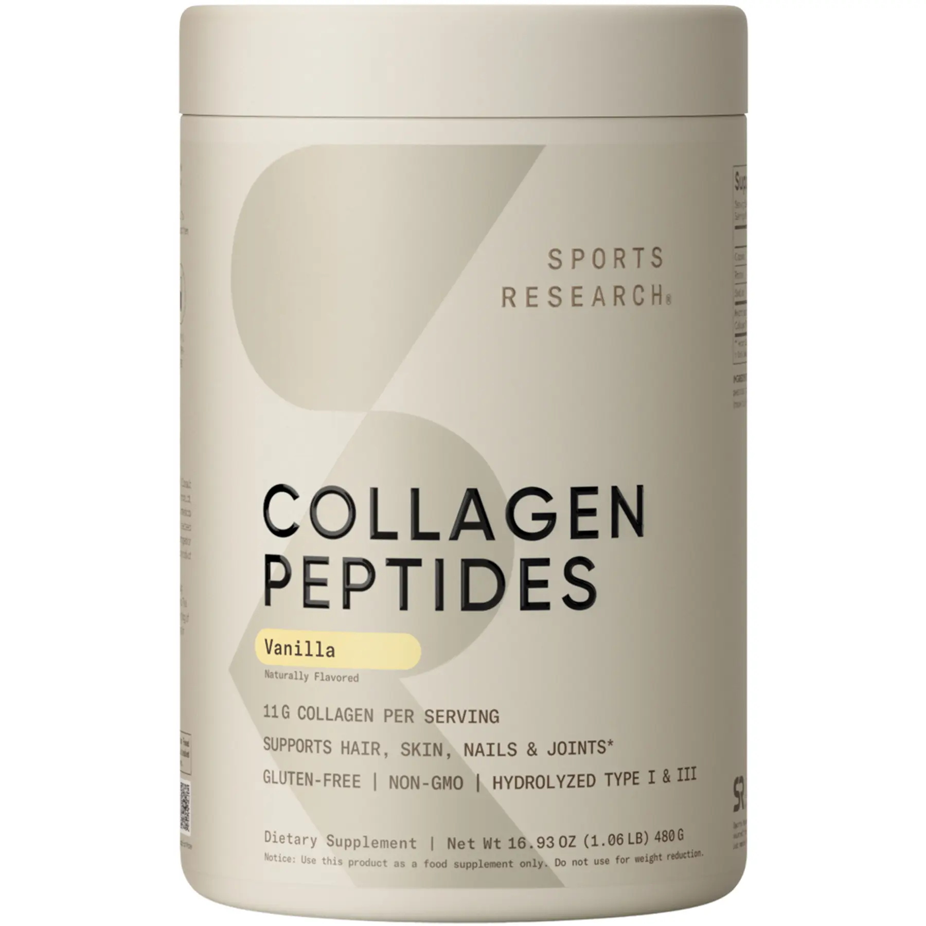 Sports Research Collagen Peptides - Hydrolyzed Type 1 & 3 Collagen Powder Supplement Easy Mixing, Collagen for Women & Men - Vanilla Bean