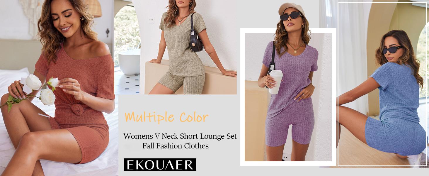 Ekouaer Biker Short Sets Women 2 Piece Outfits Ribbed Pajama Short Sleeve Workout Set