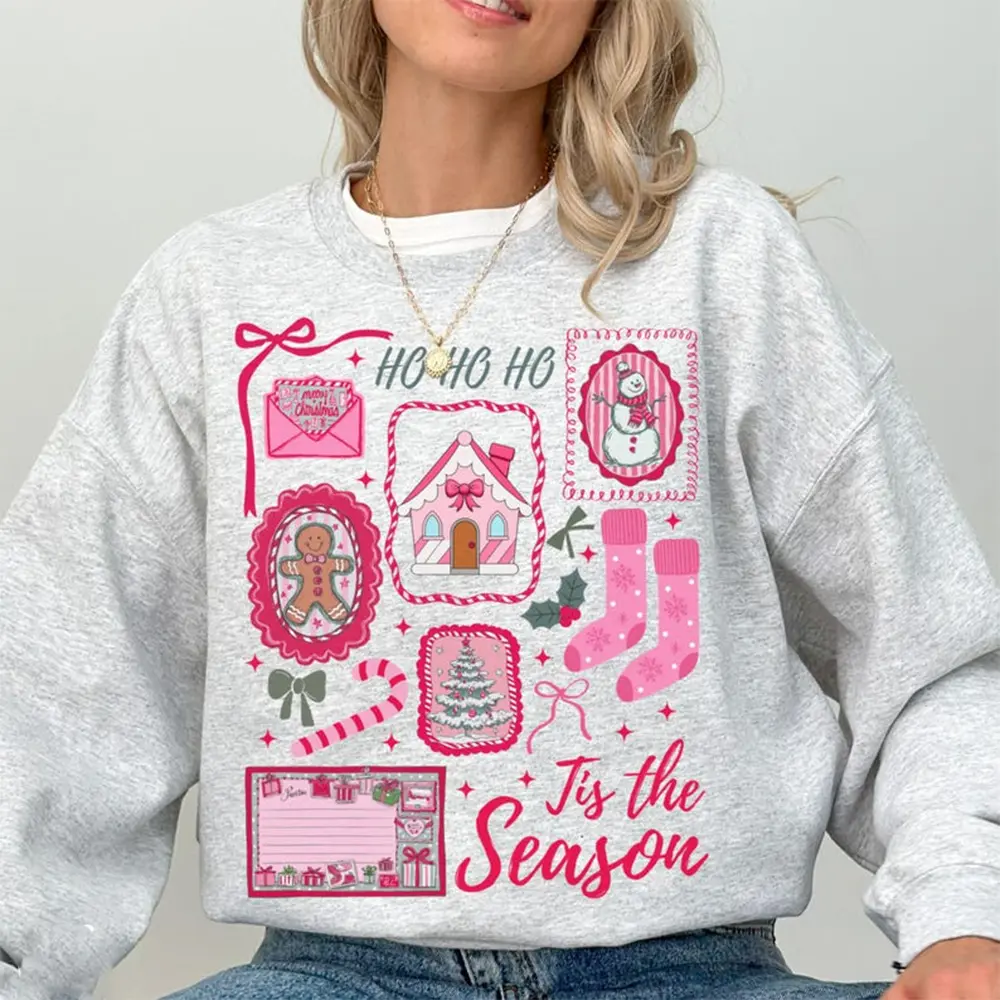 Pink Christmas Sweatshirt, Tis The Season Holiday Crewneck, Cute Girly Xmas Sweater, Candy Cane Bow Santa Pullover, Winter Outfit for Women