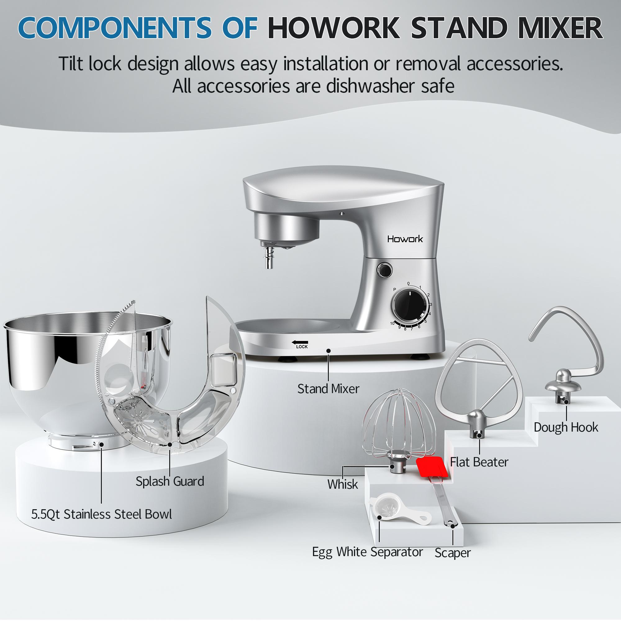 HOWORK  5QT 10-Speed Stand Mixer (350W) | Bowl with Pulse Button, Dishwasher-Safe Attachments | Perfect for Dough & Baking