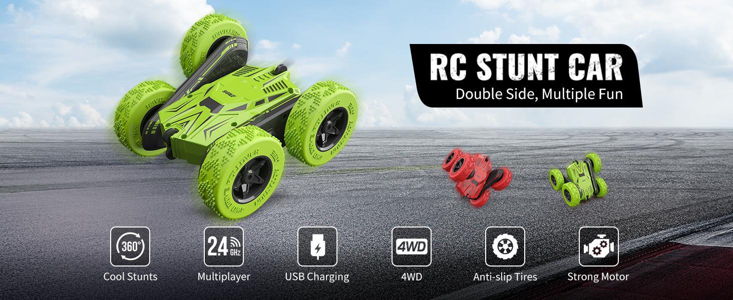 SGILE RC Stunt Car Toy - 4WD Remote Control Car for Kids Ages 6-12, 2 Sided 360° Rotating, USB Charging Cable Included, Not Applicable