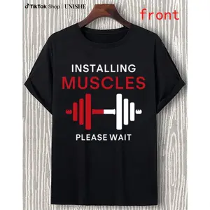 Classic Cotton Men’s Gym T-Shirt – Casual Wear with Humorous ‘Installing Muscles’ Quote