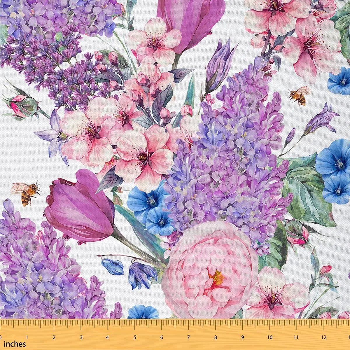 Feelyou Polyester Watercolor Floral Print Fabric by The Yard - Waterproof, Spring Wild Florals Bees Leaves Design for Adults' Home Room Decor, Farmhouse DIY Crafts