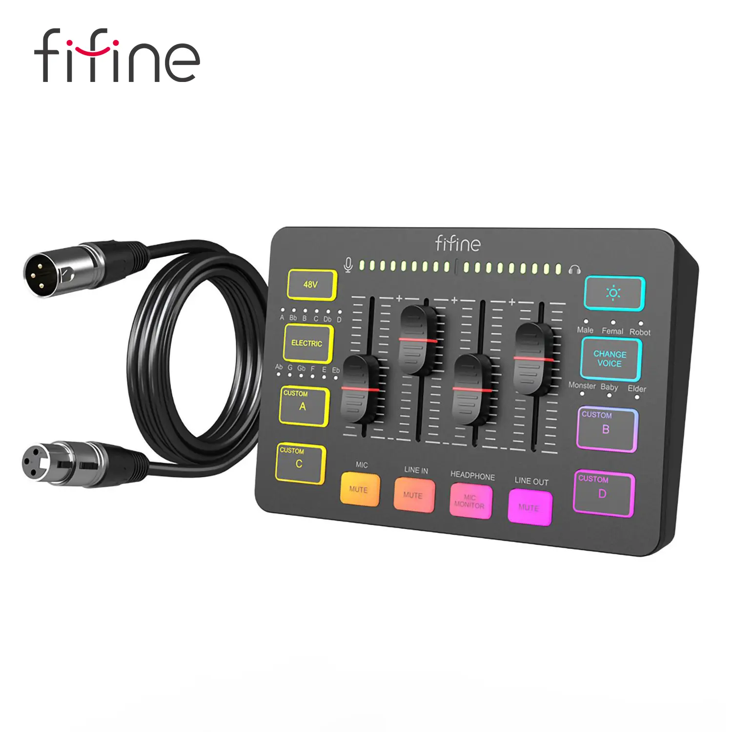 fifine SC3 Gaming Audio Mixer with XLR Cable Bundle, Streaming RGB PC Mixer with Microphone Cable, XLR Interface, Volume Faders, Mute Button, Computer Mic for Recording/Podcast/Vocal/Game Voice