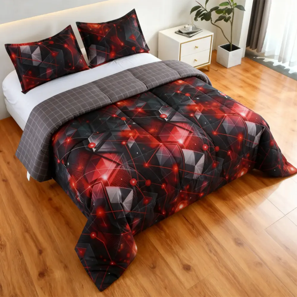 2/3pcs Red Black Futuristic Geometric Comforter Set, Abstract Sci-Fi Tech Network Cube Print Bedding Set with 2 Pillow Shams, Reversible Grey Grid Lightweight Microfiber All Season Bed Quilt for Teen Boys Men Gaming Bedroom, Decorative Bedding Set, Cozy S