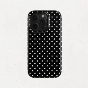 Black Polka Dot Tough Phone Case for iPhone 11, 12, 13, 14, 15, 16, 17 Pro Max Plus – Aesthetic Minimalist, Anti-Drop, Shockproof, Waterproof, Scratch-Resistant Full Protection Cover, Glossy Finish.