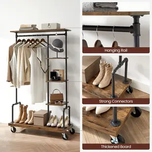 Clothes Rack, Clothing Garment Rack on Wheels, Rolling Clothes Organizer with 5-Tier, Industrial Pipe Style, Rustic Brown