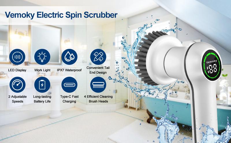 Vemoky Electric Spin Scrubber: Rechargeable Cleaning Brush with 2 Speeds, 4 Replaceable Heads for Kitchen, Bathroom, Bathtub, Tile, and Floor.