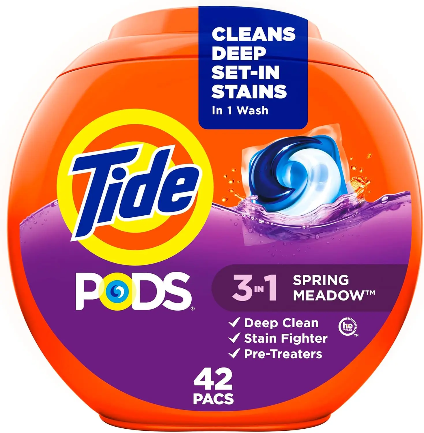Tide Pods Concentrated 3-in-1 Scented Laundry Detergent Pacs - Stain Removal, Odor Fighter, Color Protector, HE Compatible, Spring Meadow Scent, 42 Pcs for Households