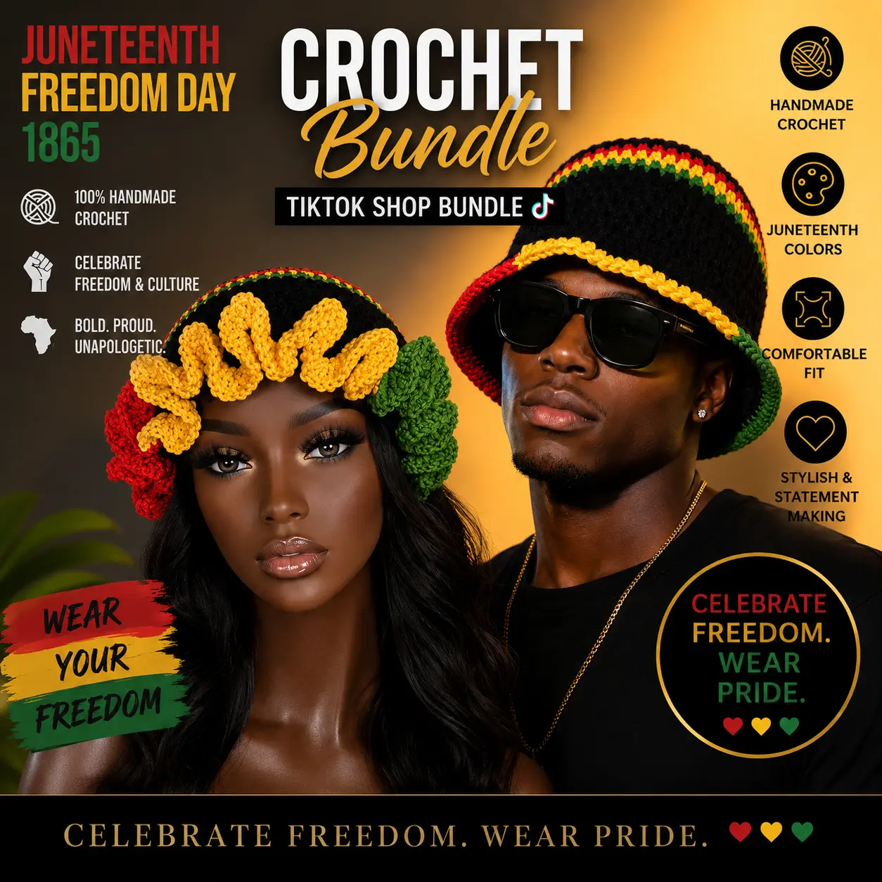 Juneteenth Bundle- Couples Matching Set (Ruffle Crochet Hat + Crochet Bucket Hat)