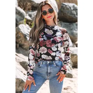 Pink Mesh Floral Print Mock Neck Long Sleeve Slim Top