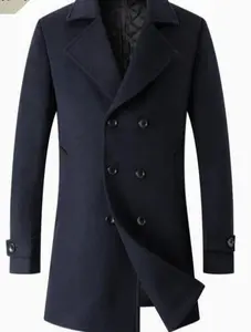 Men's Mid-Length Double-Breasted Woolen Overcoat blue