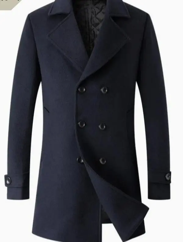 Men's Mid-Length Double-Breasted Woolen Overcoat blue