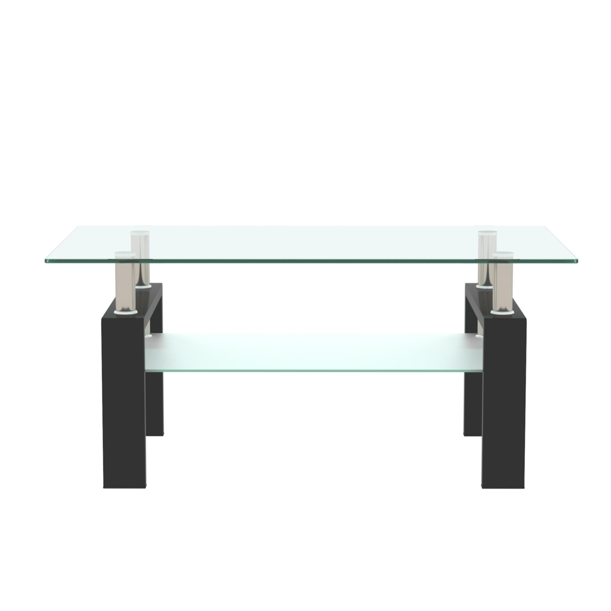Shipping Included Modern Glass Coffee Table White Living Room Rectangle with Tempered Glass Metal Tube 2 Layers Storage for Small Space & Waiting Room