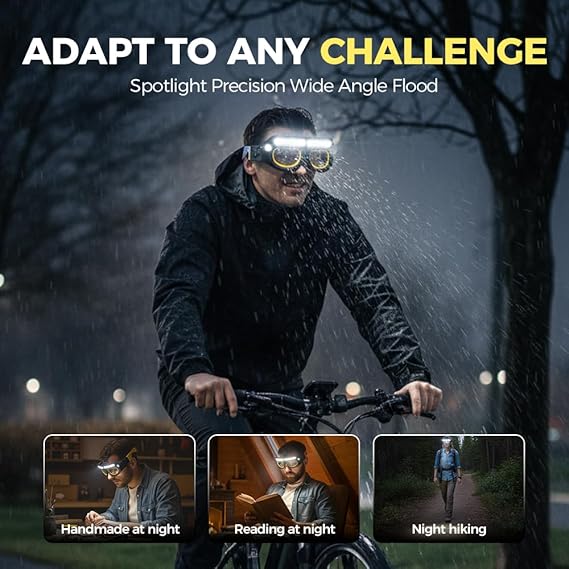 Gesture control LED glasses, rechargeable headlamp sports glasses, 5 modes, USB-C interface, suitable for running, camping, night maintenance, night work, hands-free lighting glasses.