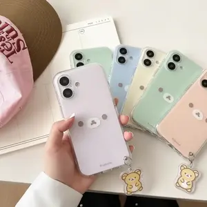 Crystal-Transparent White Light Painted Bear Expression Phone Case with Bear Pendant for iPhone 11/12/13/14/15/16/17 Pro Max shockproof mobile phone case cover protector beautiful drop-proof protective slim aesthetic i phonecase shopping clear fashionable