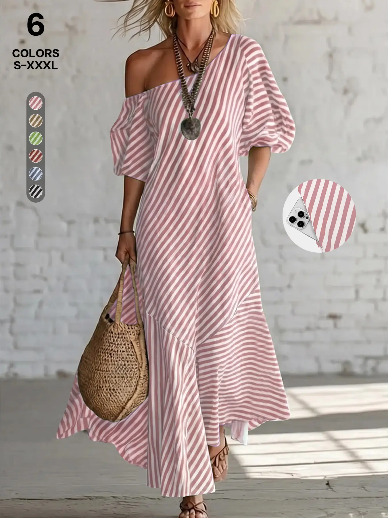 Women’s Elegant Striped Maxi Dress | Asymmetrical One-Shoulder Lantern Sleeve Dress | Casual Loose-Fit Asymmetrical Hem Summer Vacation Maxi Dress (with pockets) — Sizes S–XXXL