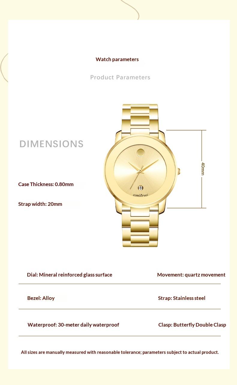 Luxury business quartz watches for men and women feature solid, hypoallergenic stainless steel strap with calendar function, deep waterproof, minimalist design, elegant, precise and durable for business travel, suitable for daily wear and gift giving