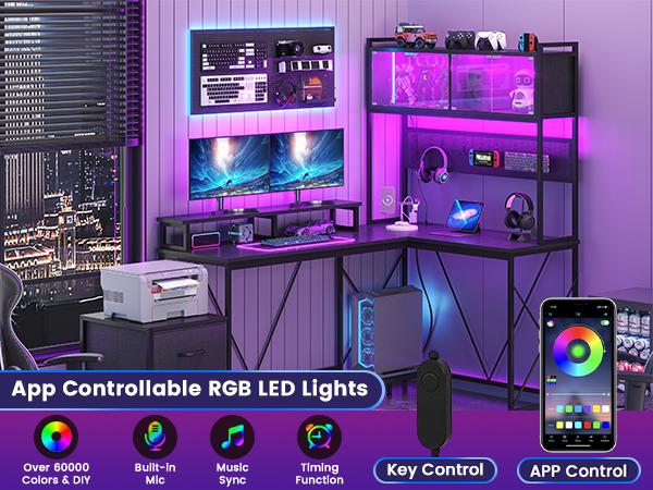 Kepptory L Shaped Gaming Desk, Home Office Computer Desk with Raised Display Stand, 2 Drawers and Glass Cabinets with LED Lights, Corner Desk with Storage Shelves, Power Outlet, Black