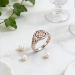 September S Rose Gold Plated Witches Knot Ring, Anillo Nudo de Bruja Original Celtic Knot Jewelry, Cubic Zirconia Decorated Witch’s Knot Ring, Witchtok Witch Jewelry Pagan Jewelry for Devotion and Protection Valentine’s Day gift