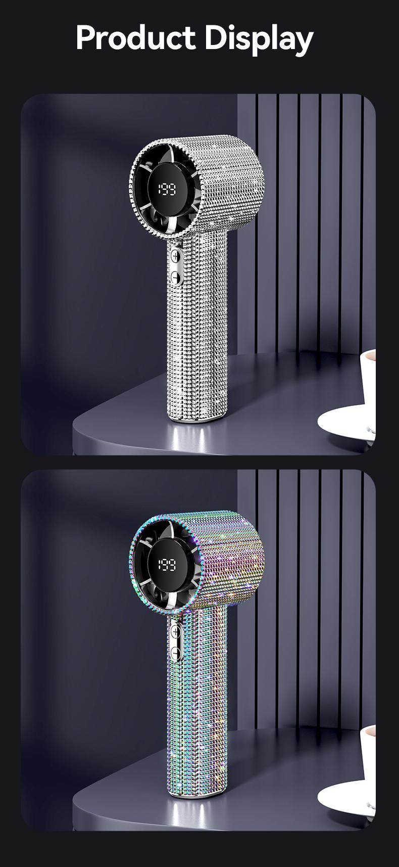 Portable Handheld Turbo Fan - Fashion Full Diamond Rechargeable Personal Battery Operated Mini Small Pocket Mini Fan for Travel/Outdoor/Vacation/Beach/Outdoor Activities