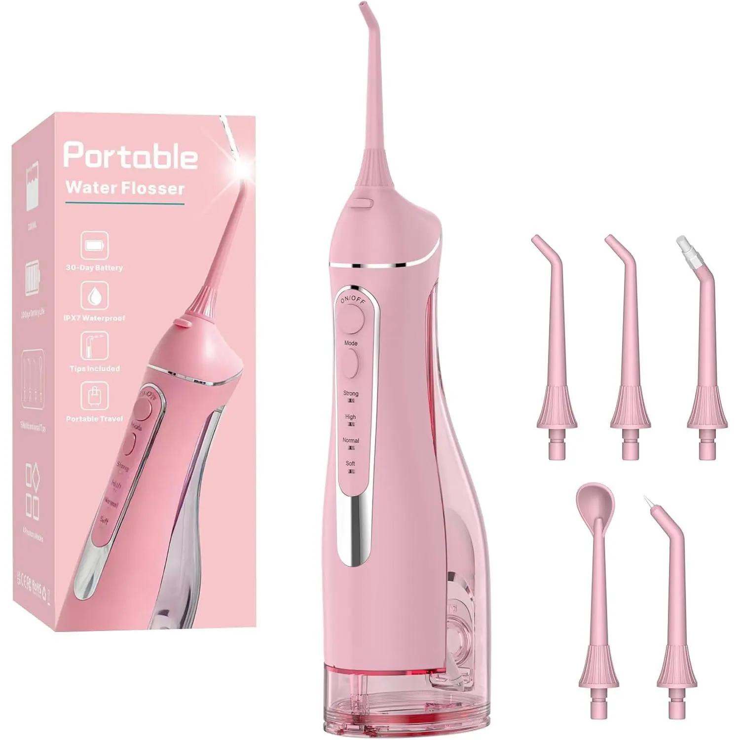 Cordless Portable Water Flosser (300ML Tank) - Rechargeable Oral Irrigator with 5 Tips, IPX7 Waterproof Teeth Cleaner, Floss Machine for Mouth Care, Gum Health, Travel & Braces Care (Pink), Water Dental Flossers