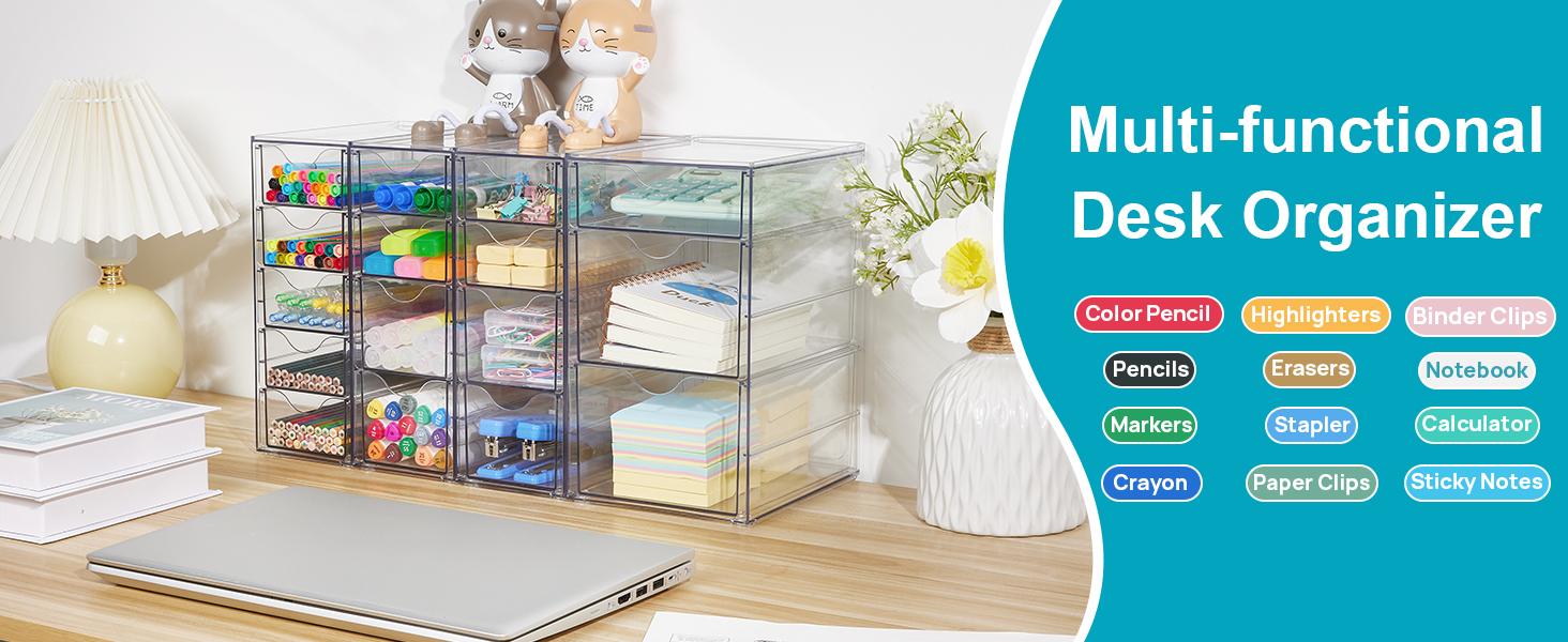 Vtopmart Acrylic Organizer with 16/32 Drawers Clear Storage Drawers for Office Supplies Desk Organization and Storage for Makeup Jewelry Art Crafts Non-Slip Silicone Pad Variety of Drawer Options for Desk Vanity Bathroom Pantry New Year Gift