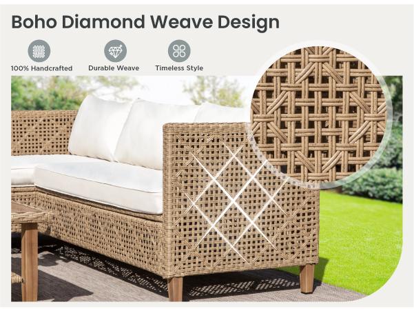 PHI VILLA Outdoor Wicker Patio Conversation Furniture Set with Acacia Wood Coffee Table Includes Patio Table and Storage Sofa Lounge Classic Durable Rattan Style, Christmas Gift