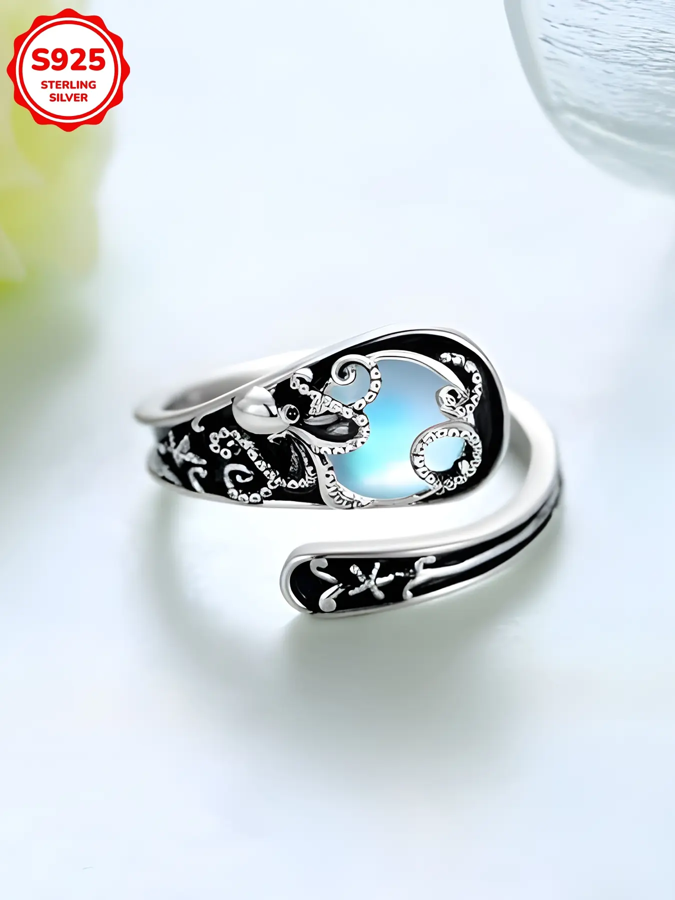 Women's Vintage S925 Sterling Silver Moonstone Spoon Ring, Adjustable Open Ring, Party Gift, Unique Hypoallergenic Ring for Daily Wear, Statement Ring, Boho Style Rings, Beautiful Rings