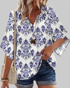 Women's Summer Boho Tops 3/4 Sleeve Bohemian Tunic Casual V Neck Blouses Floral Print Shirt Summer