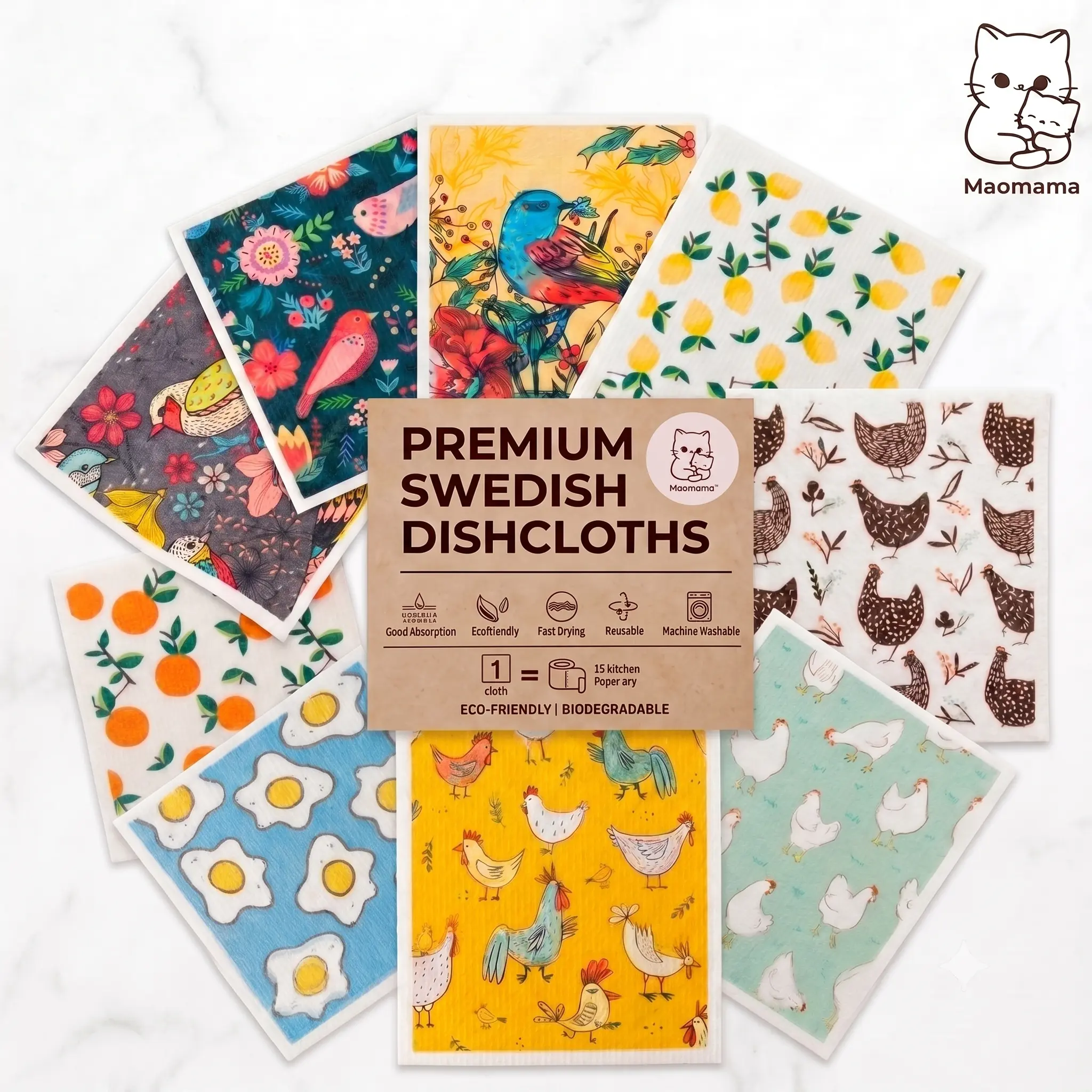 Maomama 3-Pack Cotton Kitchen Dishcloths - Swedish Wholesale, Nature, Flowers, Egg, Farmhouse Chicken, Animal, Fruits Patterns, Reusable Eco-Friendly Cellulose Sponge Cloths, Super Absorbent for Home Kitchen Dishwashing, Desk Cleaning, Biodegradable