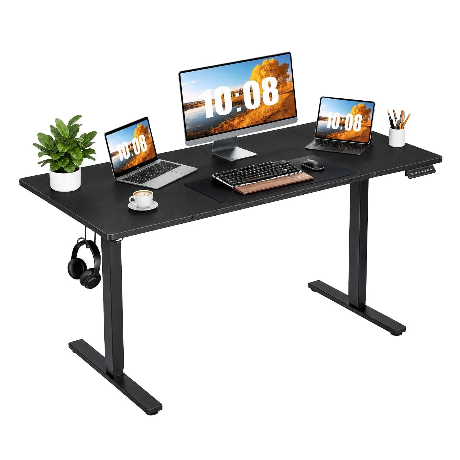 Electric Standing Desk, 55"x 28" Large Height Adjustable Computer Desk, Sit Stand Home Office Desk with Splice Board and 2 Hooks, 3 Preset Heights, for Home Office(Black)