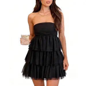 HYZ Women's Summer Strapless Mesh Tiered Ruffle A Line Tube Birthday Party Mini Dres